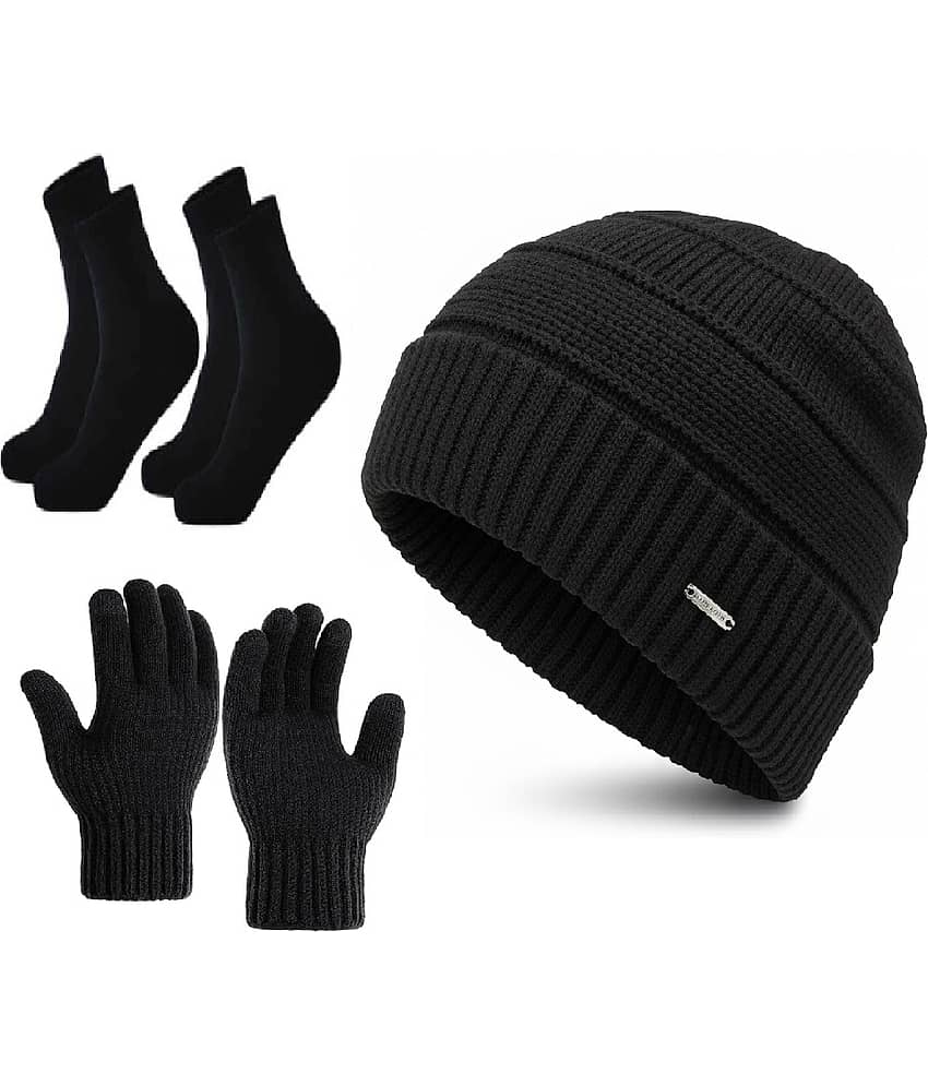 BAYEMA Pack of 4 Woollen Men's Cap ( Black )