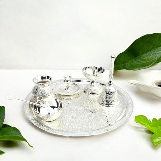 Silver plated Brass Pooja Thali set with Velvet Box (7 piece)