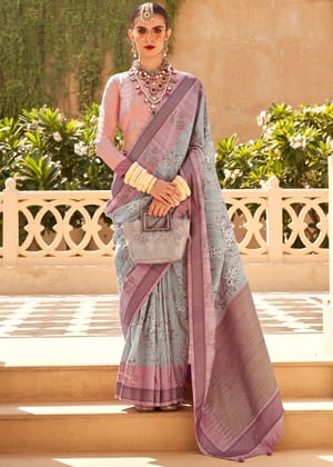 Grey and Pink Printed Raw Silk Saree