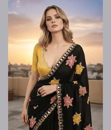 Sidhidata Georgette Embroidered Maheshwari Saree With Unstitched Blouse Piece ( Black )