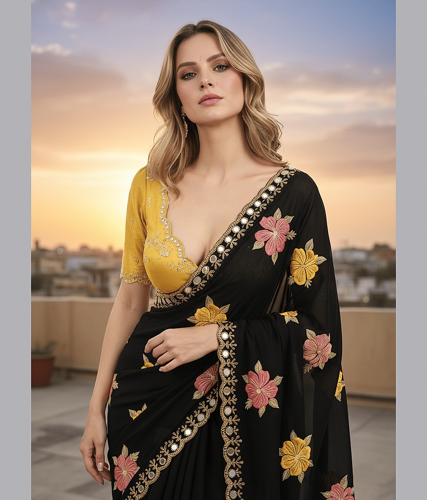 Sidhidata Georgette Embroidered Maheshwari Saree With Unstitched Blouse Piece ( Black )
