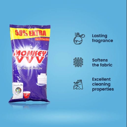 Monkey 555 Wonder Wash Detergent Powder - Pack of 2 (2 * 1.5 kg)
