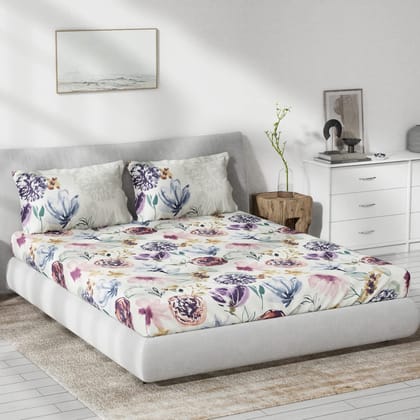 DDECOR - Primary Collection 100% Cotton Floral Pattern 136TC King Bedsheet |229 CM X 274 CM| with 2 Pillow Covers - Purple