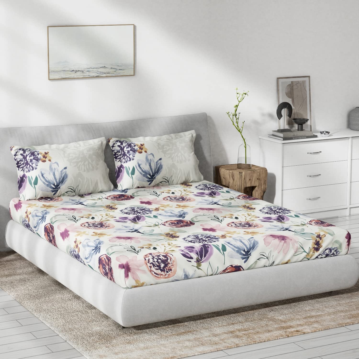 DDECOR - Primary Collection 100% Cotton Floral Pattern 136TC King Bedsheet |229 CM X 274 CM| with 2 Pillow Covers - Purple