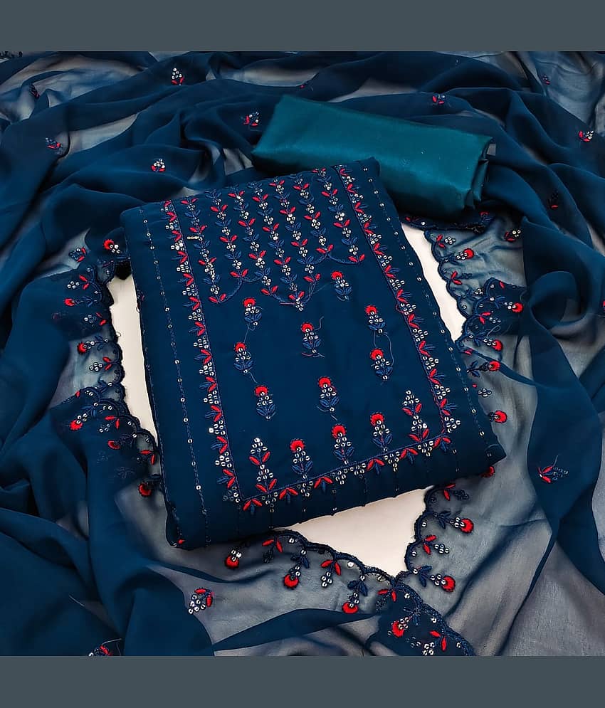 Rangtulika Ethnics Unstitched Georgette Embroidered Dress Material - Blue ( Pack of 1 )