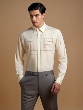 Embroidered Smart Casual Cream Shirt-CREAM / M