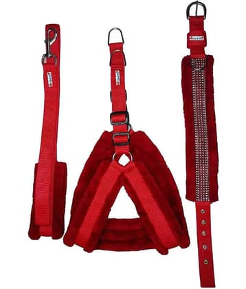 Petshop7 Fur Padded  Nylon Dog Harness , Dog Collar &  Dog Leash  Large (Chest Size - 29-35inch) Red