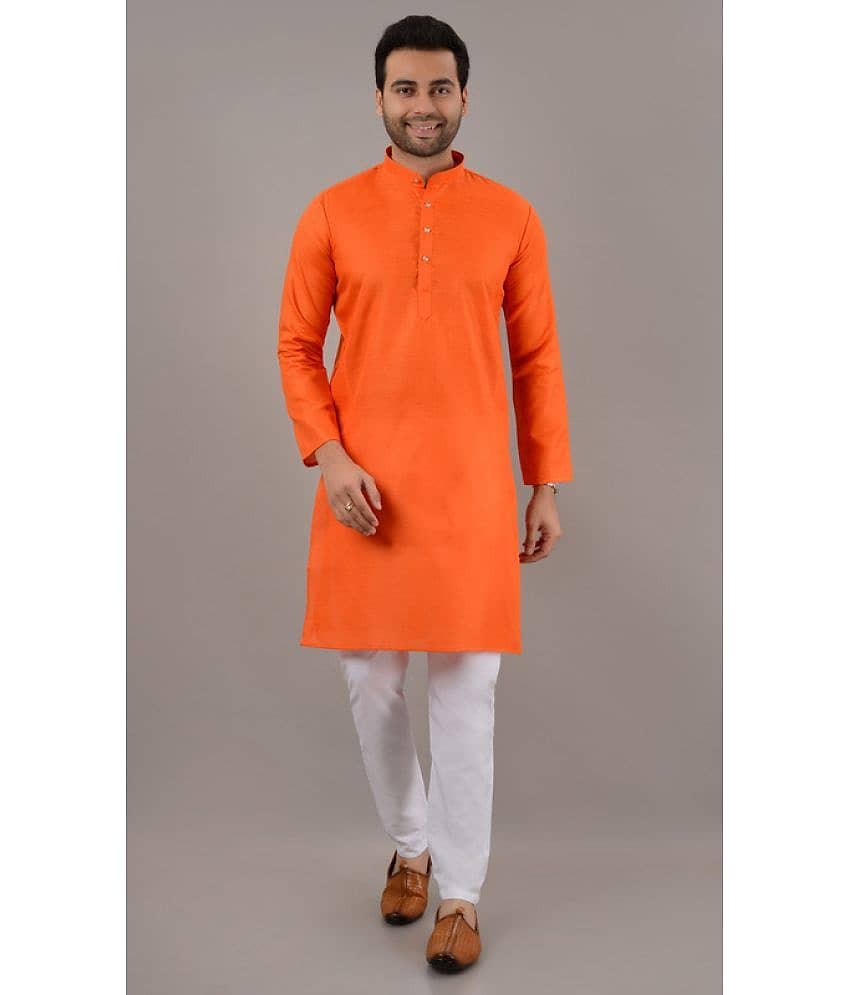 MOUDLIN Orange Cotton Blend Regular Fit Men's Kurta Pyjama Set ( Pack of 1 )