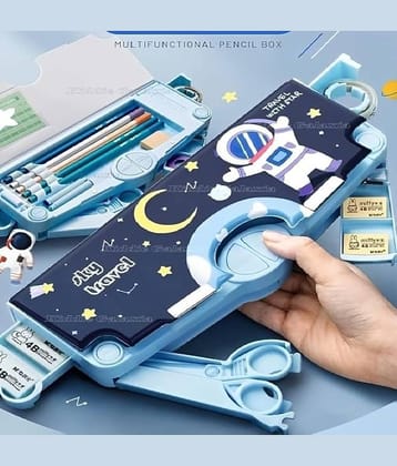 Eclet Theme Buttons Operated Magnetic Pencil Stationery Box (with Accessories) Space Theme Trending Return Gift Geometry Compass Box for School Students Art Plastic Pencil Box  (Set of 1, Dark Blue)