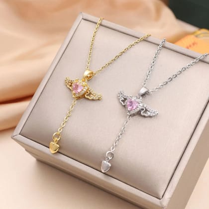 Wings of Love Anti Tarnish Pink Necklace (Rose Gold)-Gold