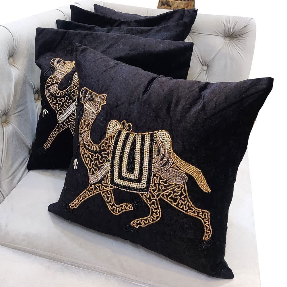 Black Set of 5 Ethnic Beaded Embroidered Square Combo Cushion Covers for Sofa Home Bedroom (16x16 inch or 40 x 40 cm) - Ethnic Shoes | Buy online on ZillyBuy