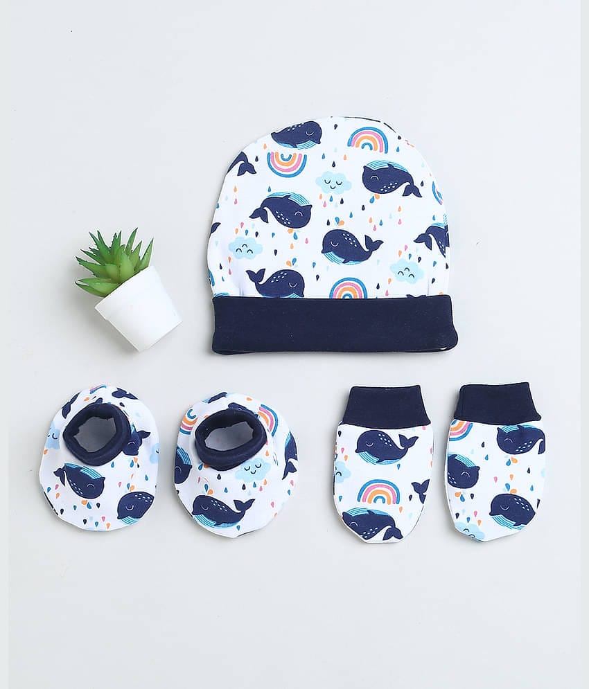 BUMZEE White & Navy Boys Cotton Cap Mitten Bootie Set Age - 0-3 Months