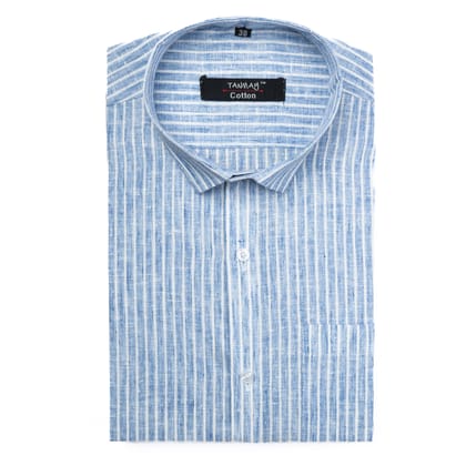 Blue Color Cotton Stripes Shirts For Men-38/M / Full