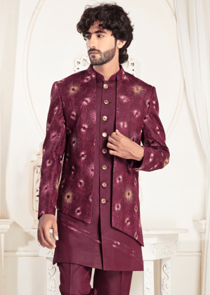 Maroon Designer Jacquard Open Jodhpuri Suit