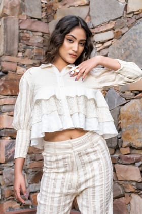 Sleek Cream Cord Set with Fashionable Crop Top-CREAM / S
