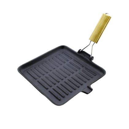 TRILONIUM Cast Iron Grill Pan with Foldable Handle | Pre-Seasoned | 24cm | 1.6 Kgs | Square | Induction Compatible TRILONIUM Cast Iron Grill Pan with Foldable Handle | Pre-Seasoned | 24cm | 1.6 Kgs | Square | Induction Compatible
