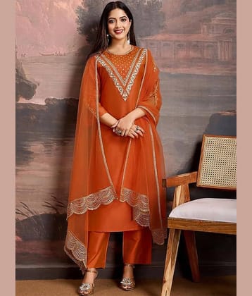 kedar fab Women Cotton Blend Embroidered Straight Kurti With Pants ( Orange )