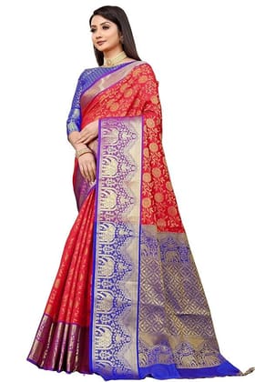 AMIRAT Women Kanchipuram Silk Woven Zari Saree | Kanjeevaram Silk Sari With Contrast Border And Blouse
