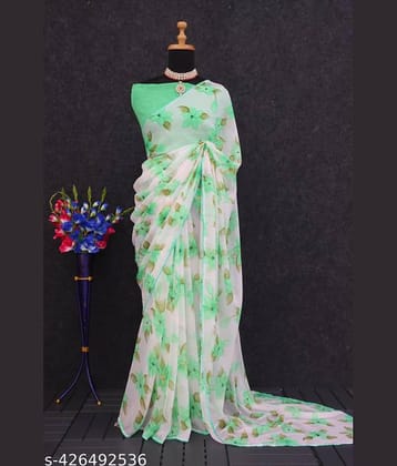 Gullak Georgette Printed Regular Saree With Unstitched Blouse Piece ( green )