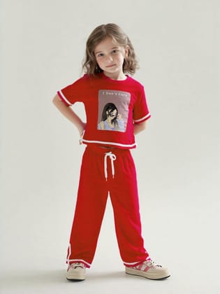 Girl's Causal Red Co-Ord  Set [GCS-7540](4-12 Years)-4-5Y (Size - 24) / Ribbed / Red