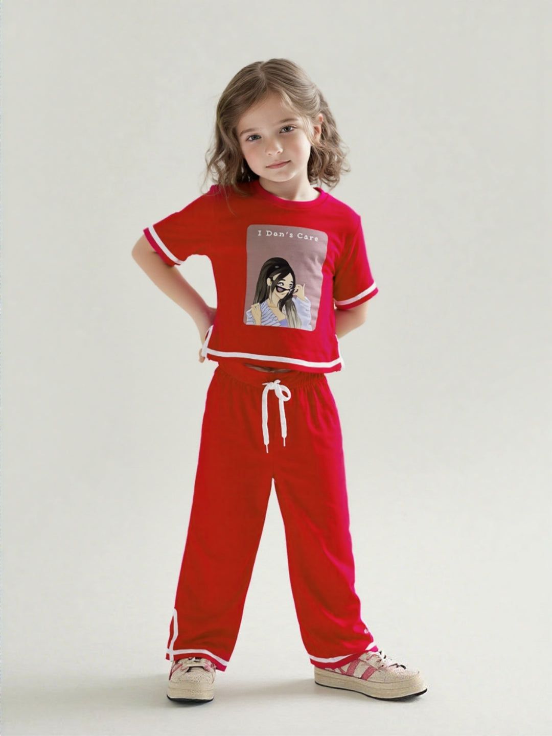 Girl's Causal Red Co-Ord  Set [GCS-7540](4-12 Years)-4-5Y (Size - 24) / Ribbed / Red