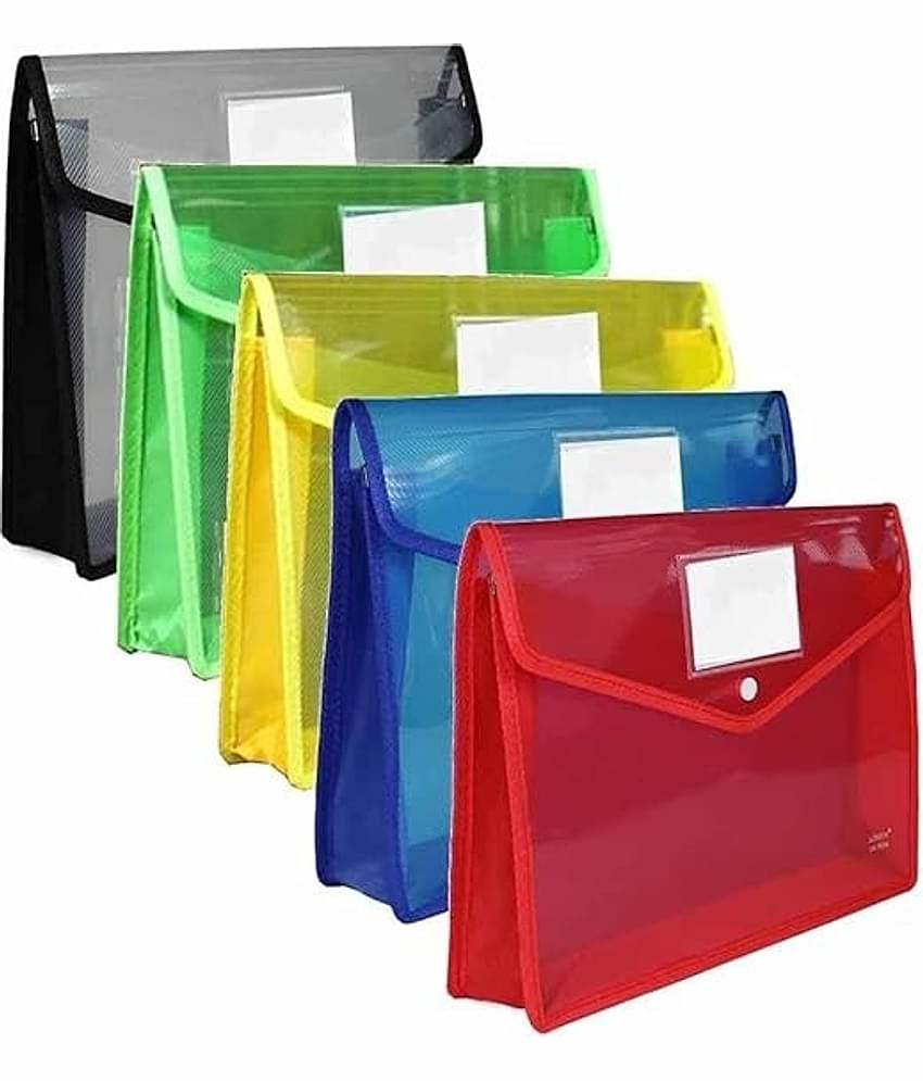 Transparent Poly Plastic A4 Foolscap Documents File Storage Bag with Snap Button - Pack of 5