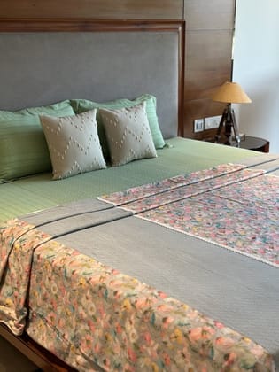 KRI India Bloom Daisy Schiffli Dohar & Quilt cover|60x90 inches|Set of 2|Reversible | Sage green and multitoned floral print  | Wash & Care | 100% Cotton | Handcrafted in India. 100% organic & natural.