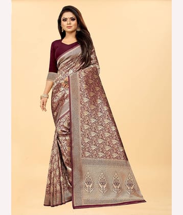 Gazal Fashions Banarasi Silk Embroidered Saree With Unstitched Blouse Piece ( Maroon )