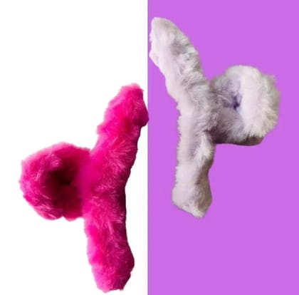 Kozykit 2 Pcs Fur Hair Claw Clip for Women & Girls | Soft Faux Fleece Plush Hair Clutcher | Korean Style Large S-Curve Hair Clip | Multicolour Winter Hair Accessories Pack of 2