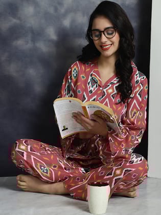 Pink color Abstract Printed  Viscocs Rayon Night suit For Women-S