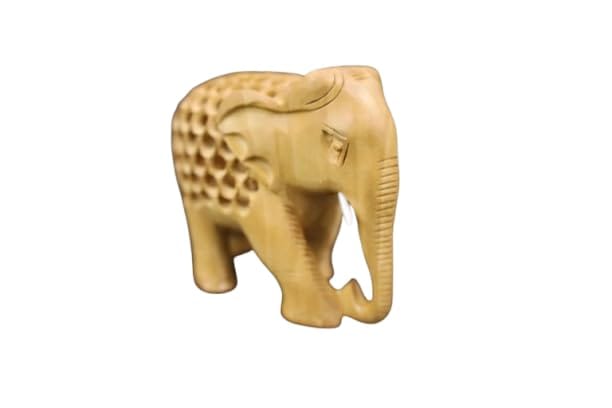 Handcrafted Wooden Elephant Figurine with Lattice Design, Traditional Indian Art Sculpture, Natural Wood