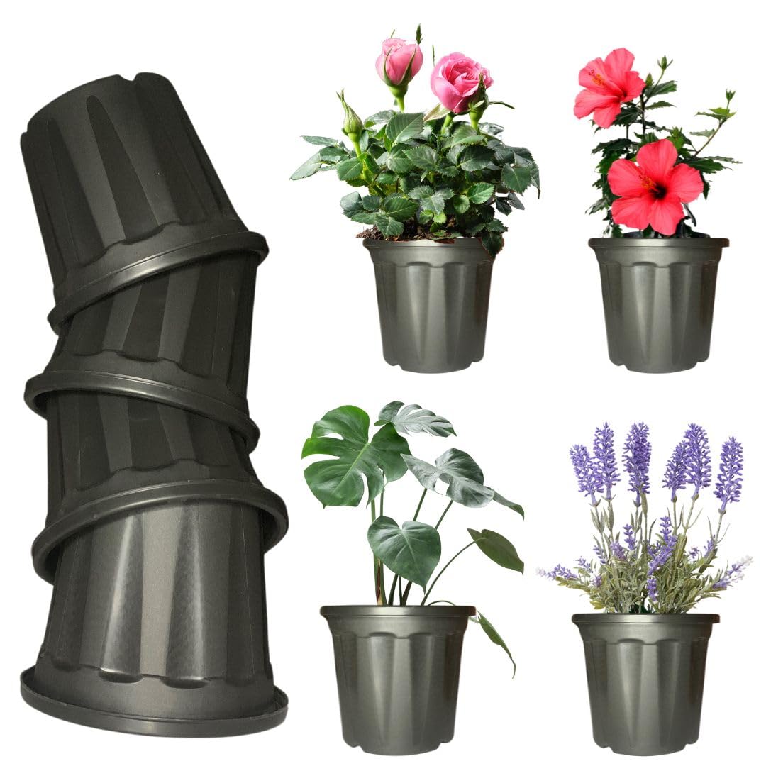 Khloroz Indoor and Outdoor Plastic Planter Pots | 7inch | 4 Pack | Water Resistant | with Drainage Hole | Black colour