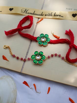 Rayan Green Floral Rakhi Lumba Set-Pink