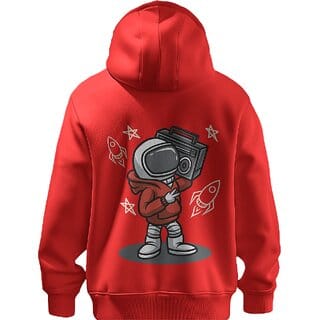BULL CLOTHING Stylish Retro Astronaut Graphic Red Hoodie Featuring Cool Boombox Design 