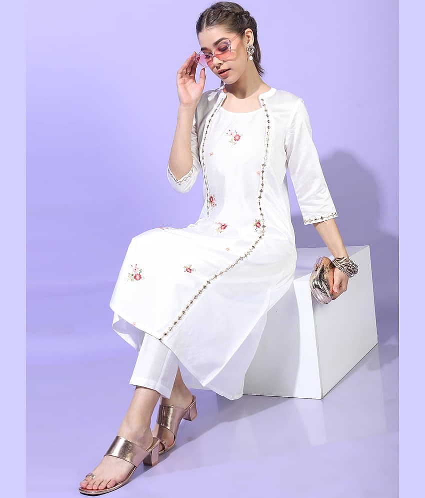 Vishudh Women Viscose Embroidered Straight Kurti With Pants ( White )