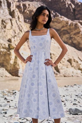 FLORAL FLARED MIDI-XS / Blue/White