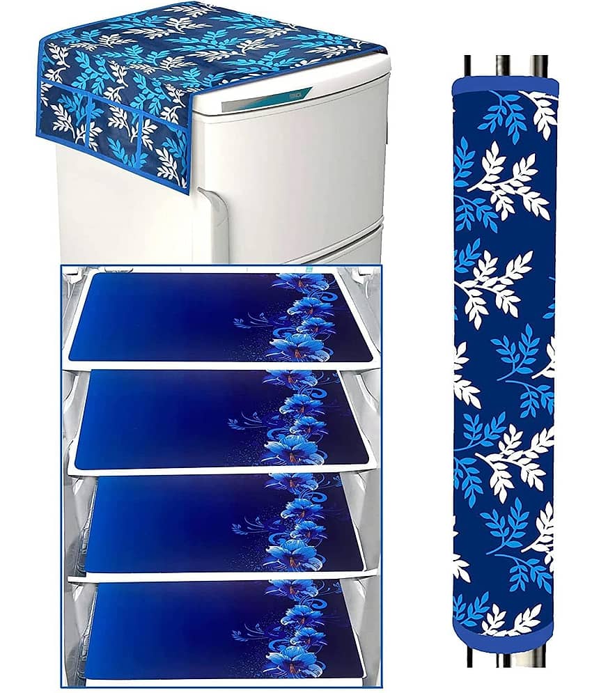 Crosmo Polyester Floral Fridge Mat & Cover ( 99 53 ) Pack of 6 - Blue