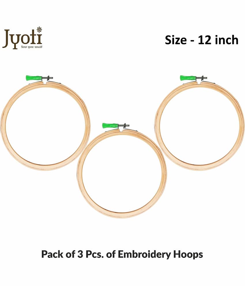 Jyoti Embroidery Hoop, Wooden Round Adjustable, (3 Ply of 12 Inches with Steel Fitting), Easily Loosen/Tighten, Cross Stitch Hoop Ring for Sewing, Needlework, Craft Projects & Ornaments - Pack of 3