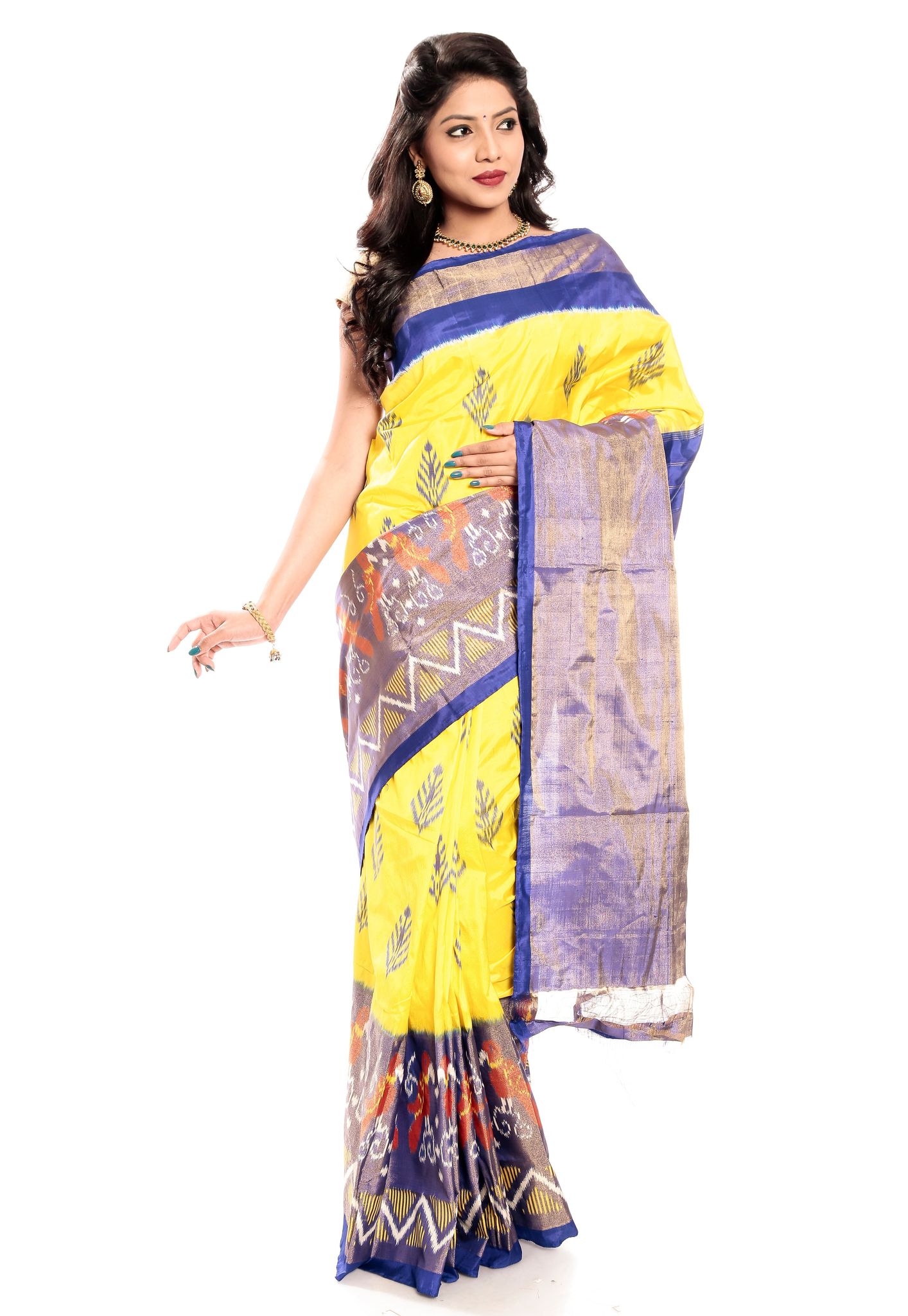 Yellow Pochampally Saree - Ikkat Silk Sarees with Blue Border