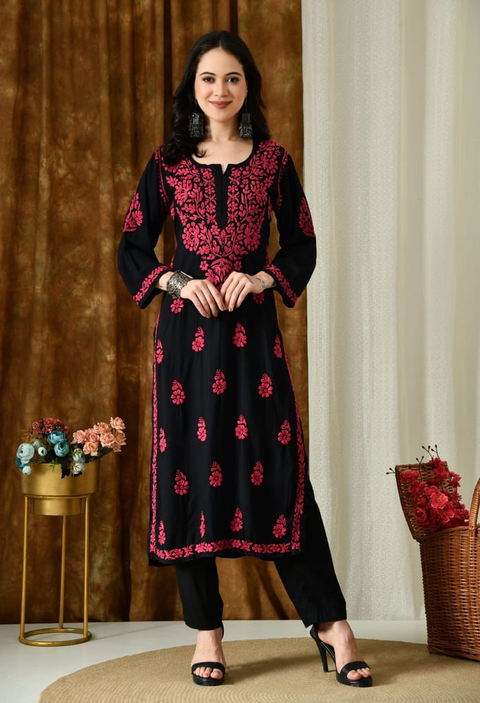 Black Kurta with Intricate Chikankari Work - Pink