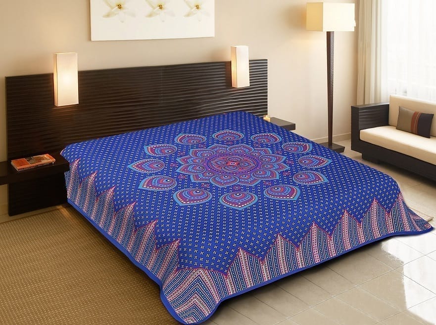 3001-Hometrade India-Standard King Size (90*108 Inches)-Buy Pure Cotton Jaipuri Printed Flat King Size Double Bedsheet With 2 Matching Pillow Cover