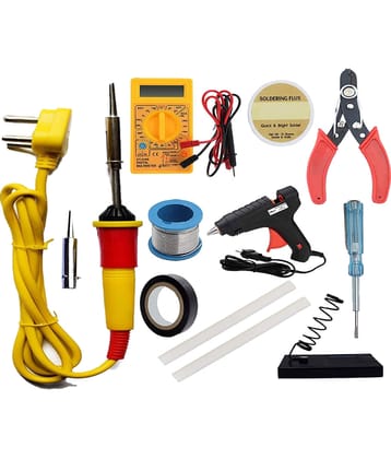 ALDECO: ( 12 in 1 ) Soldering Iron Kit contains- Yellow Iron, Wire, Flux, Bit, Stand, Cutter, Tester, Tape, Glue Gun, 2 Glue Stick, Digital Multimeter