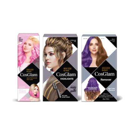 COSGLAM Combo Pack, Semi Permanent Hair Color Soft Pink 120g, Hair Highlighter Kit 115g & Hair Color Remover 70ml