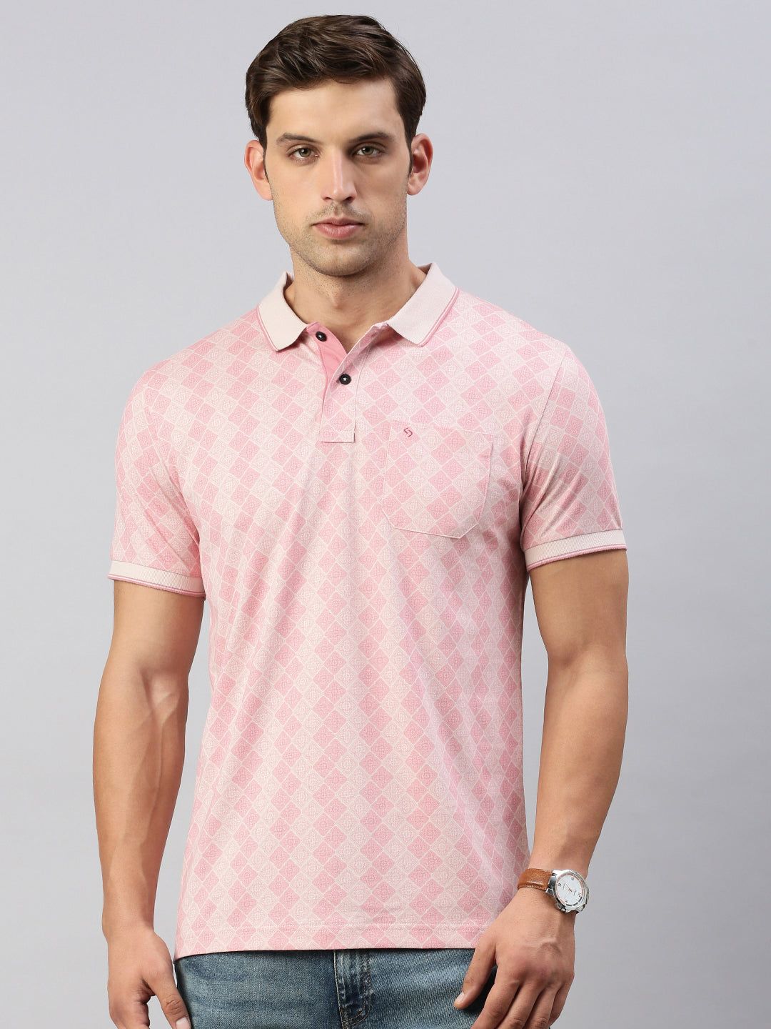 Classic Polo Men's Printed Peach Cotton Slim Fit Half Sleeve T-Shirt | BELLO - 294 B SF P