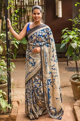 Glorious Blue Color Linen Digital Printed Sari 1046