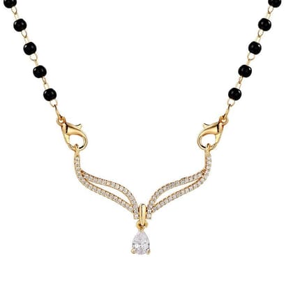 Gold Plated Mangalsutra Embedded with American Diamond, Traditional Black Bead, Single Line Chain Mangalsutra-gold