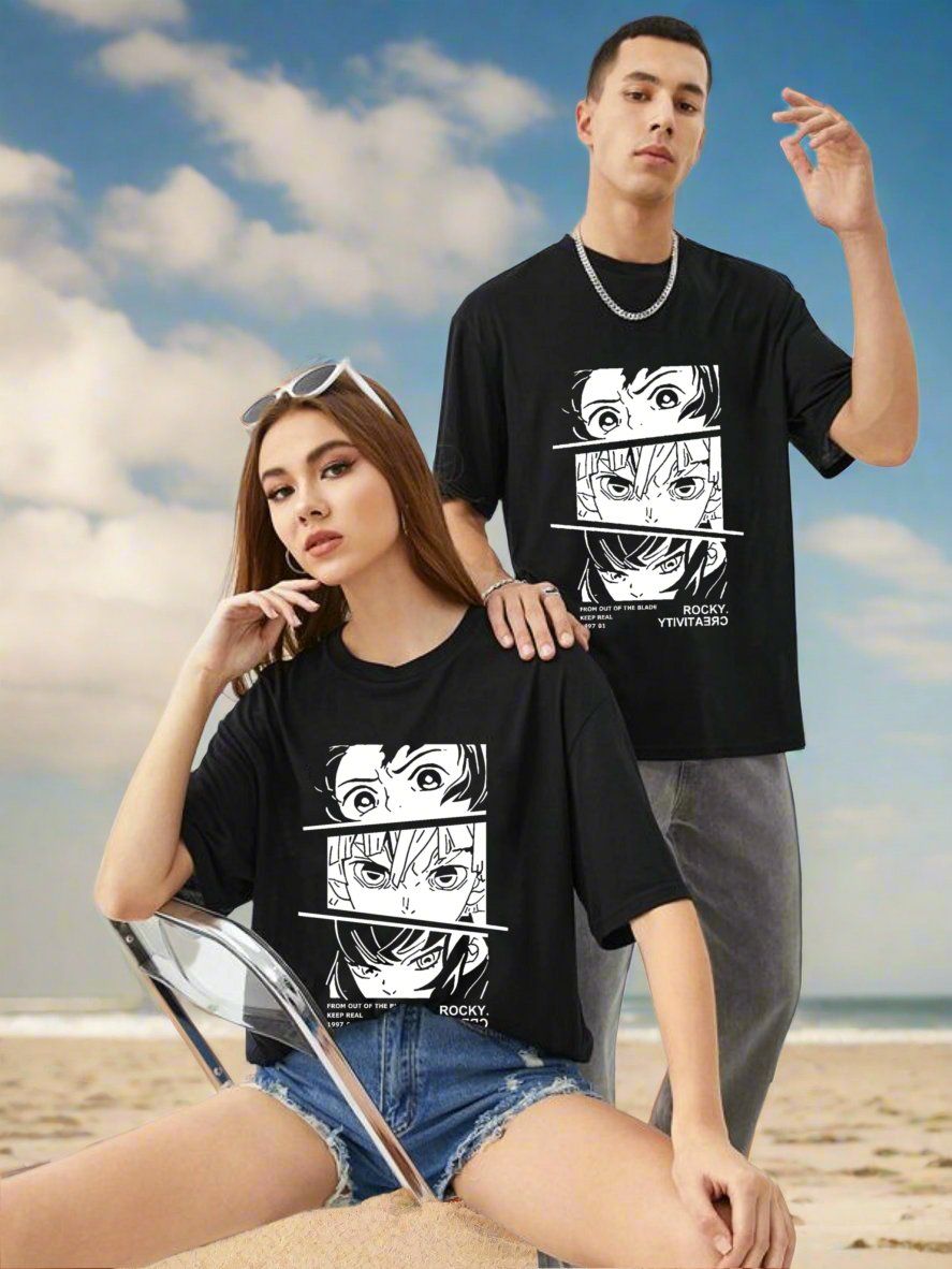 Anime Black Printed Couple T-shirt-Men-S/Women-S