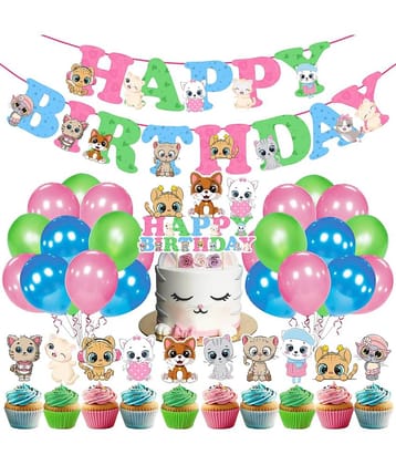 Zyozi 37 Pcs Cute Cat Theme Birthday Party Decorations for Kids Girls Include Cat Happy Birthday Banner, Cake Topper, Cupcake Toppers and Balloons for Meow Kitty Theme Birthday Party Supplies