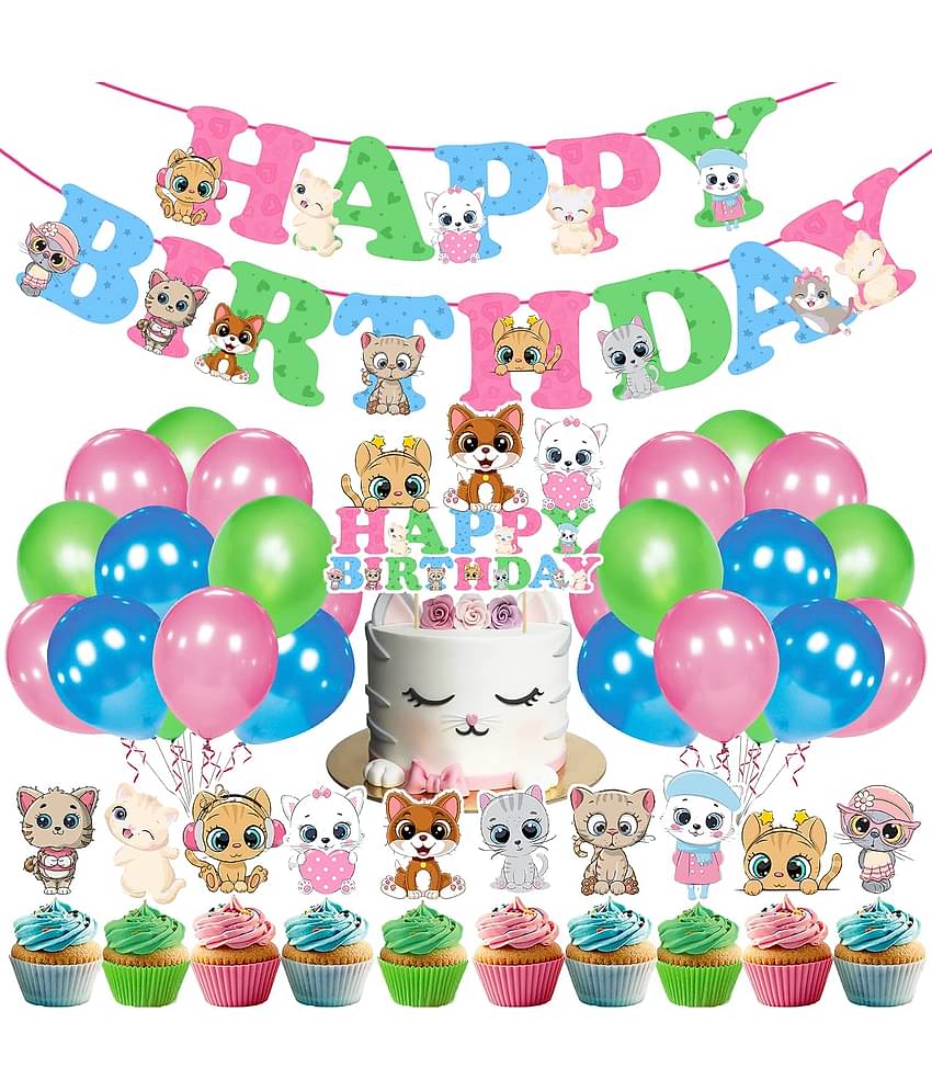 Zyozi 37 Pcs Cute Cat Theme Birthday Party Decorations for Kids Girls Include Cat Happy Birthday Banner, Cake Topper, Cupcake Toppers and Balloons for Meow Kitty Theme Birthday Party Supplies