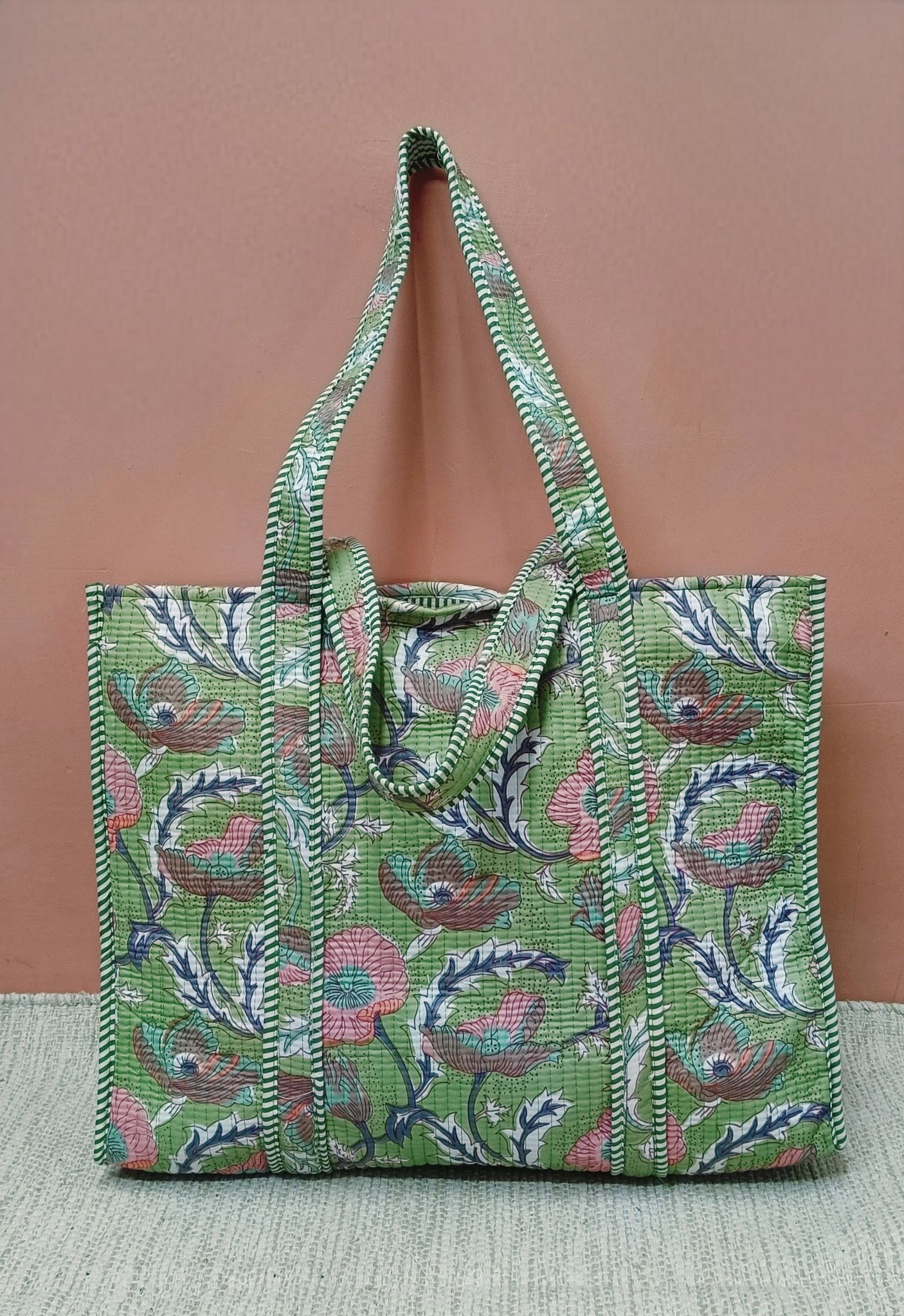 Handblock Printed Quilted Tote Bag without zip/button 17x18x 6 inches